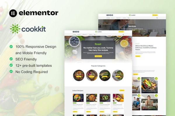 Cookkit – Food Recipe & Nutrition Service Elementor Pro Template Kit