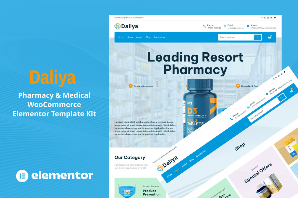 Daliya – Pharmacy & Medical Store WooCommerce Elementor Pro Template Kit
