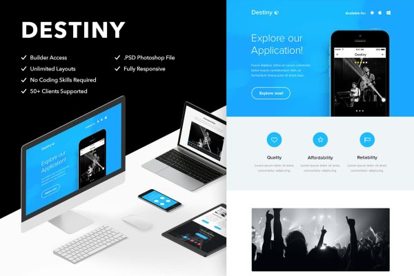 Destiny – Responsive Email + Themebuilder Access High quality responsive email newsletter template | MailChimp | Campaign Monitor supported