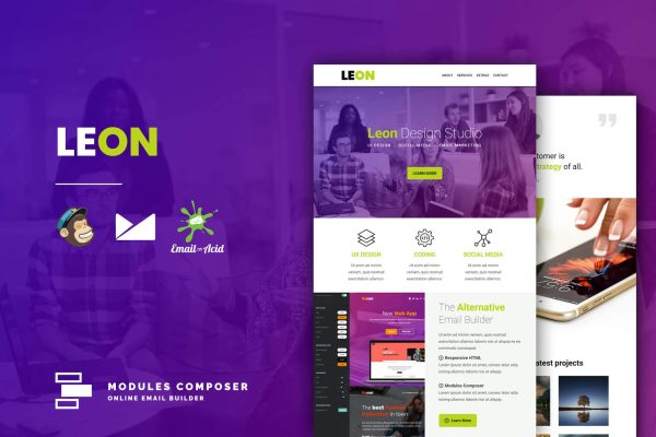 Leon – Responsive Email Template for Startups Create beautiful responsive e-mail templates for promoting your e-shop, business & services