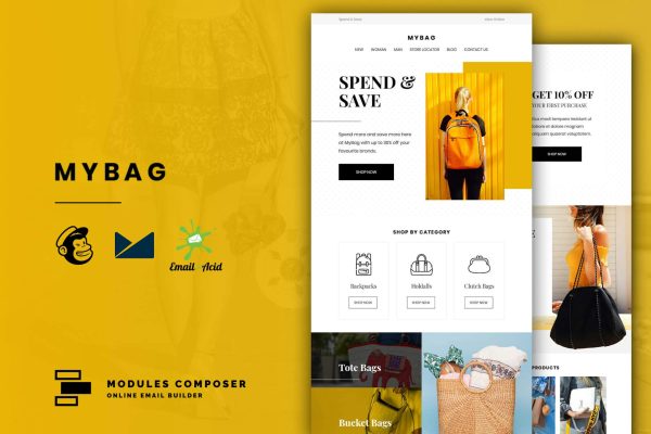 MyBag – E-commerce Responsive Email Template Create beautiful responsive e-mail templates for promoting your e-shop, business & services