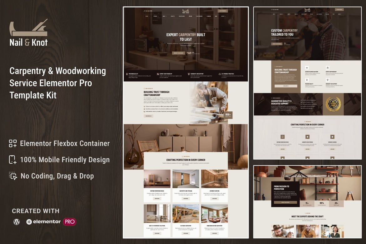 Nail&Knot – Carpentry & Woodworking Service Elementor Pro Template Kit