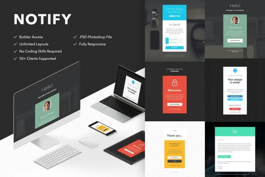 Notify – 6 Emails + Themebuilder Access 6 High quality responsive email newsletter templates | MailChimp | Campaign Monitor supported