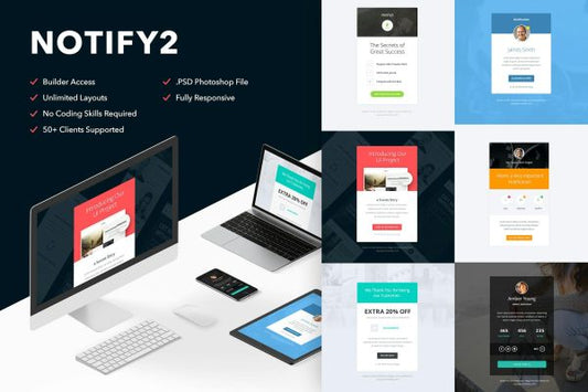 Notify2 – 6 Emails + Themebuilder Access 6 High quality responsive email newsletter templates | MailChimp | Campaign Monitor supported