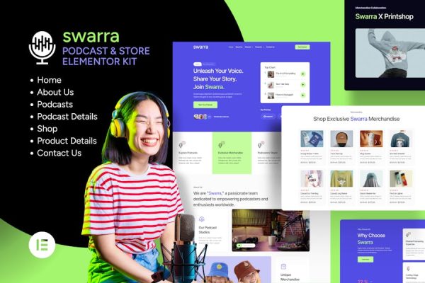 Swarra – Podcast Streaming & Merchandise Store Template Kit