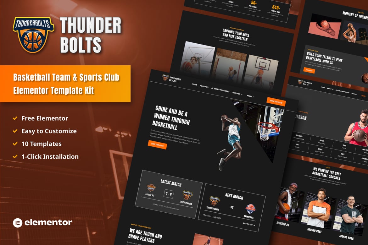 Thunderbolts – Basketball Team & Sports Club Elementor Template Kit
