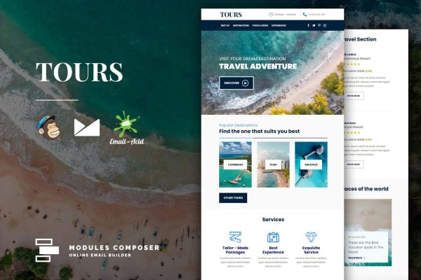 Tours – Book & Travel Responsive Email Create beautiful responsive e-mail templates for promoting your e-shop, business & services