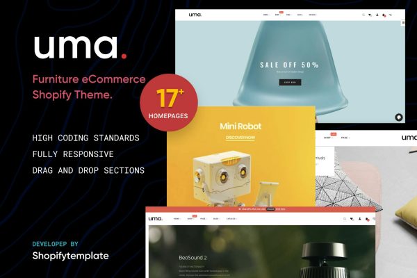Uma - Minimal Clean Multiple Shopify Theme Drag & Drop Shopify Theme Sections, Multiple layout header, footer