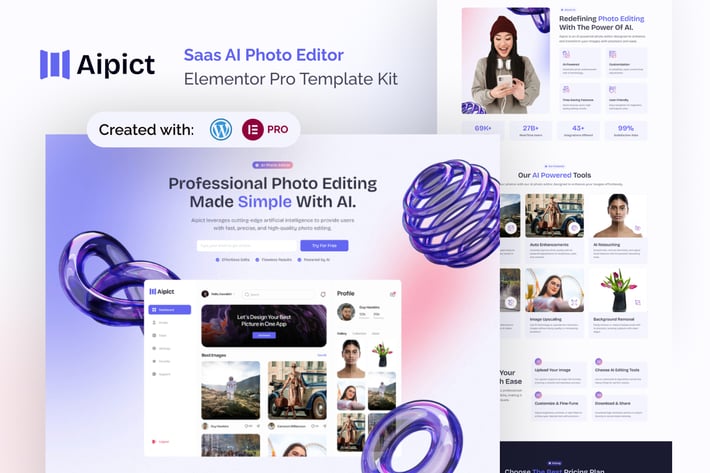 Aipict – Saas AI Photo Editor Website Elementor Pro Template Kit