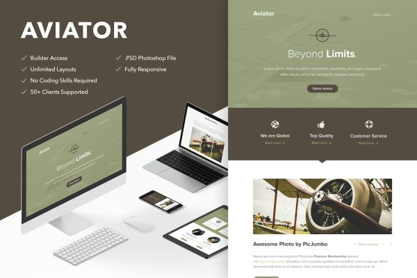 Aviator – Responsive Email + Themebuilder Access High quality responsive email newsletter template | MailChimp | Campaign Monitor supported