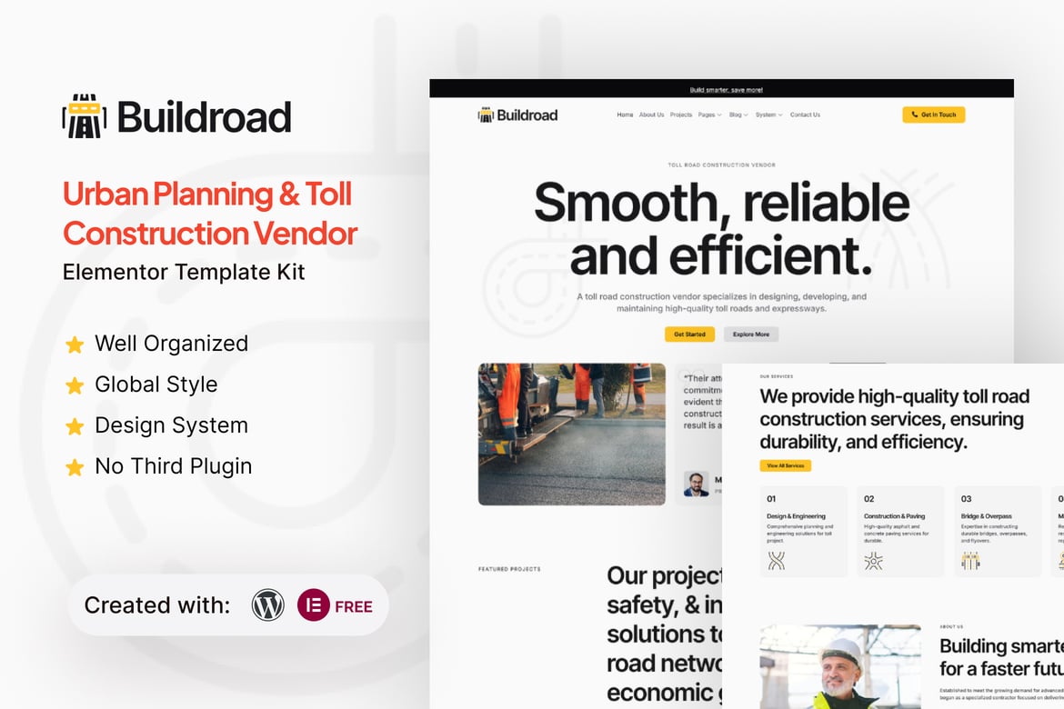 Buildroad – Urban Planning & Toll Contractor Elementor Template Kit