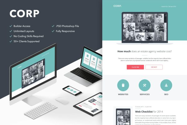 Corp – Responsive Email + Themebuilder Access High quality responsive email newsletter template | MailChimp | Campaign Monitor supported