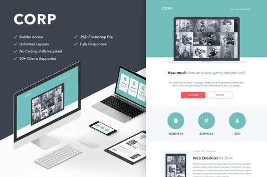 Corp – Responsive Email + Themebuilder Access High quality responsive email newsletter template | MailChimp | Campaign Monitor supported