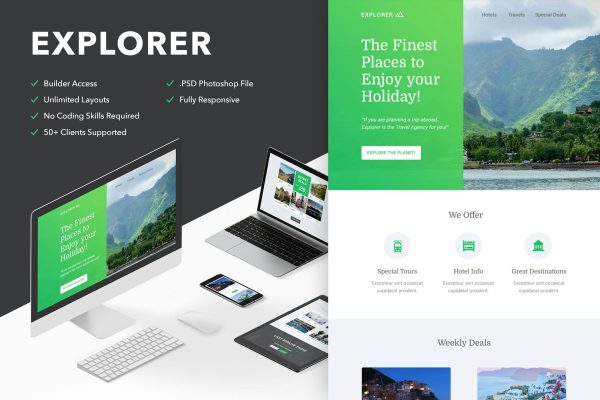 Explorer – Responsive Email + Themebuilder Access High quality responsive email newsletter template | MailChimp | Campaign Monitor supported