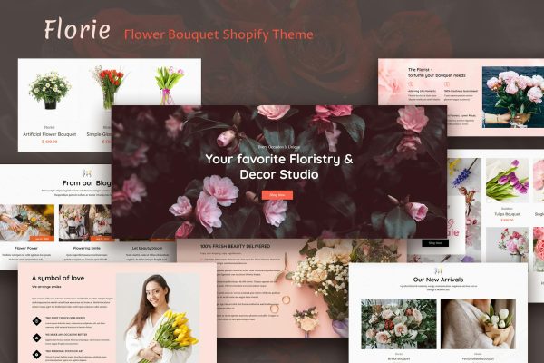 Florie - Flower Shop, Florist Store Shopify Theme Flower Bouquet, Online flower bokeh delivery Store Websites. Responsive Cakes, Gifts and Flower Shop