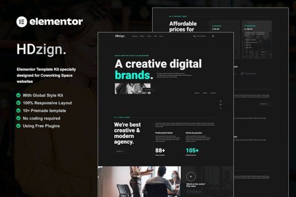HDzign – Dark Digital Agency Elementor Template Kit