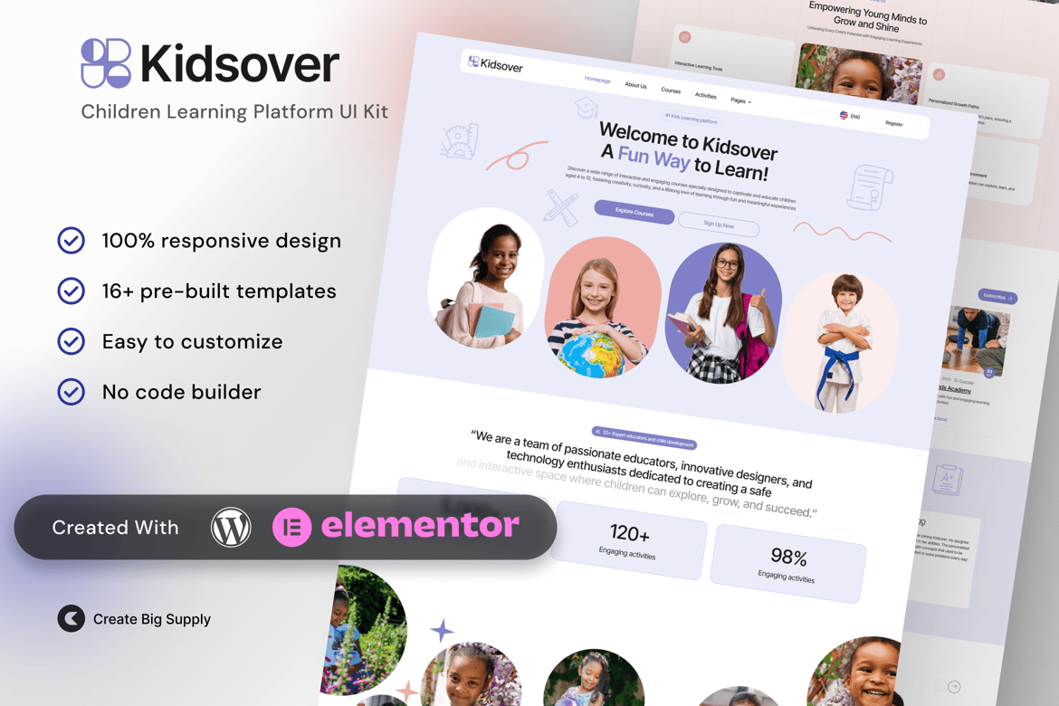Kidsover- Children’s Learning Platform Elementor Template Kit
