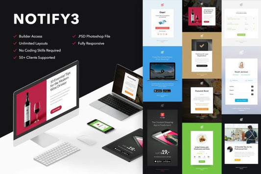 Notify3 – 10 Emails + Themebuilder Access 10 High quality responsive email newsletter templates | MailChimp | Campaign Monitor supported