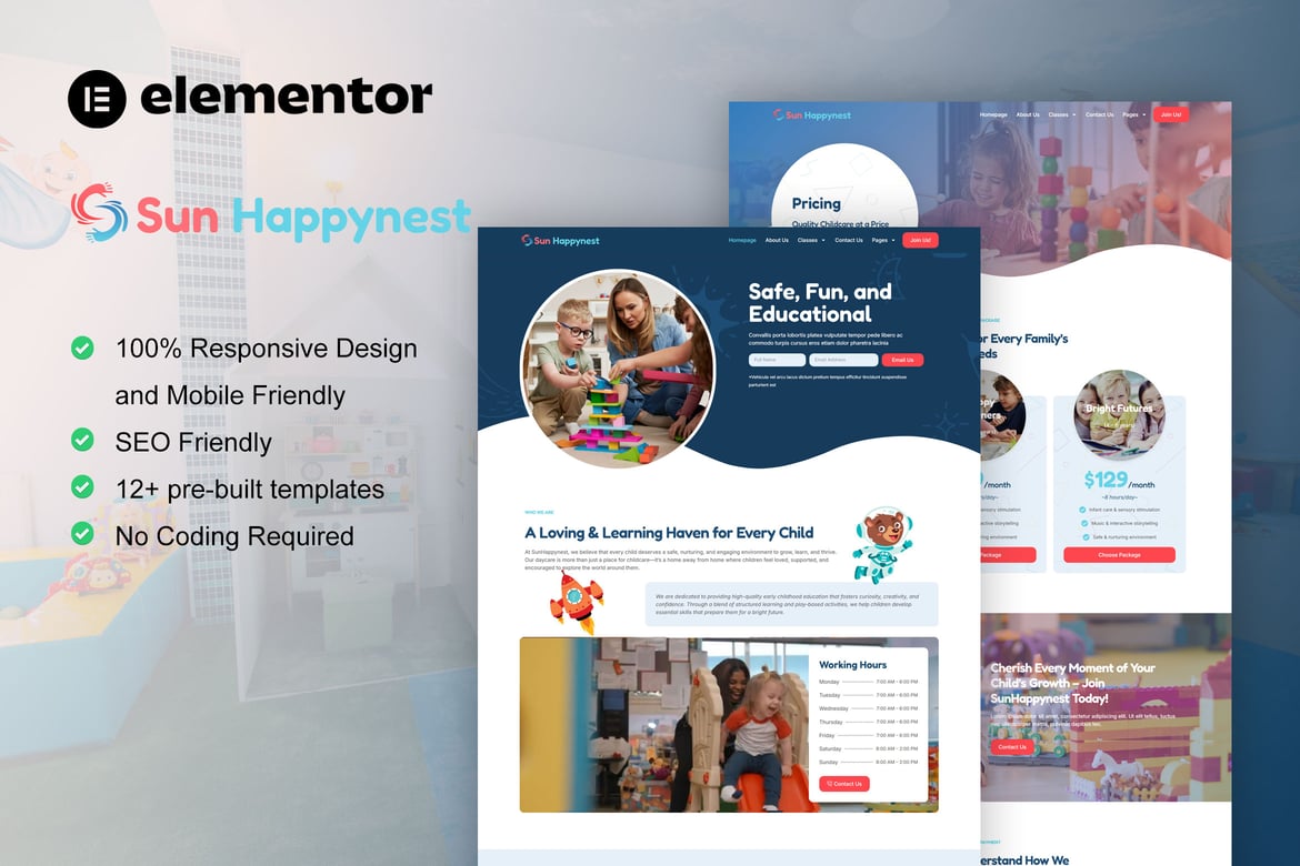 SunHappynest – Kindergarten & Child Care Elementor Pro Template Kit