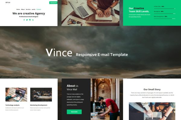 Vince Mail – Responsive E-mail Template Vince Mail – Responsive Email Templates is a Modern and Clean Design email templates.